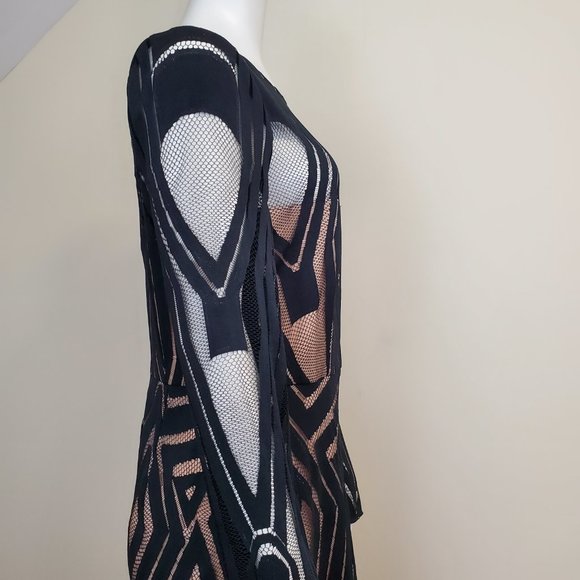 BCBGMAXAZIRA VEIRA DRESS geometric Illusion Boho Maxi Dress Sz 10 black/Nude - Picture 5 of 12